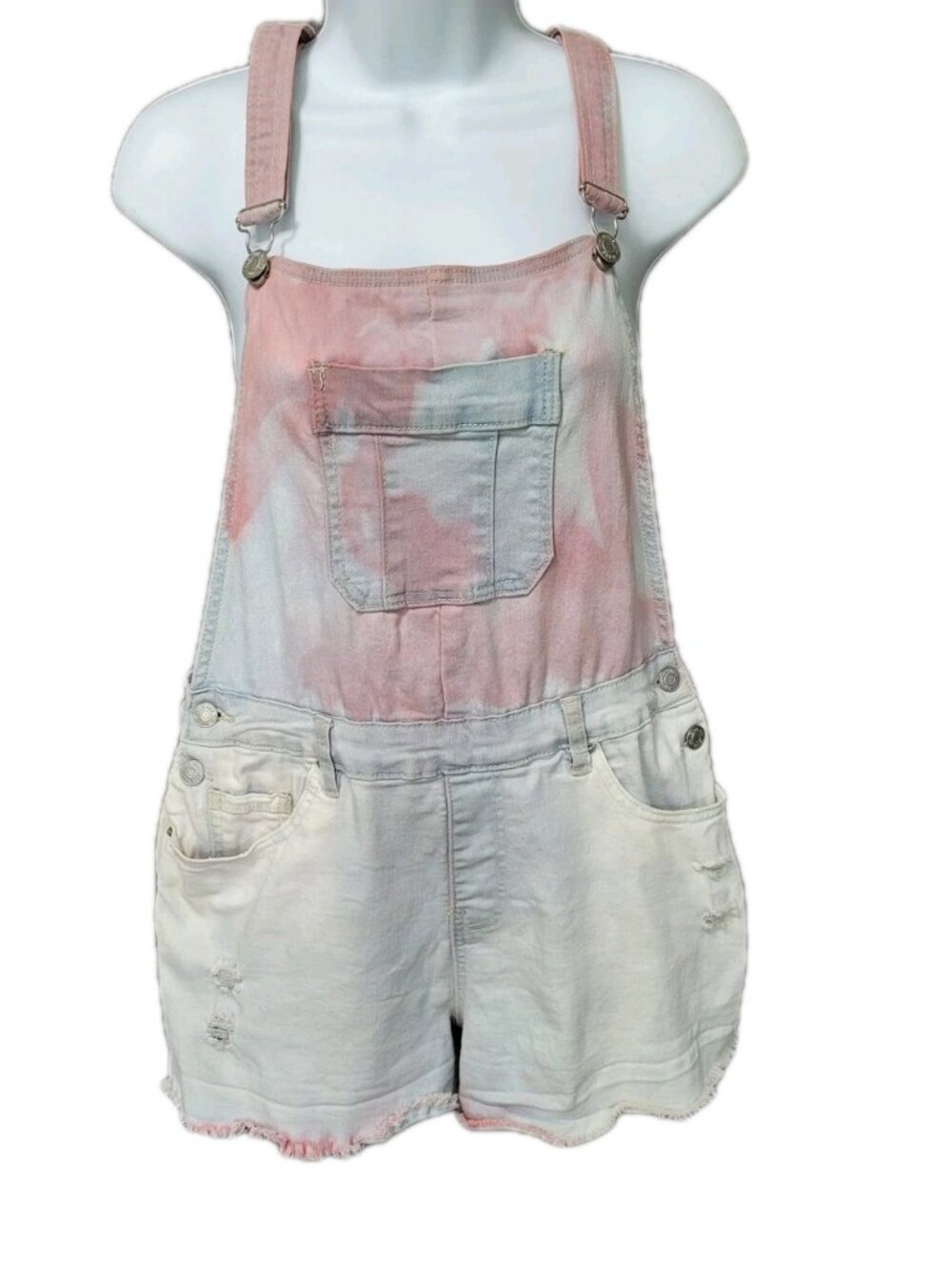 YMI Stretch Denim Shorts Bib Overalls Size 7 Tie Dye Rainbow Pink Blue Y2K Baggy